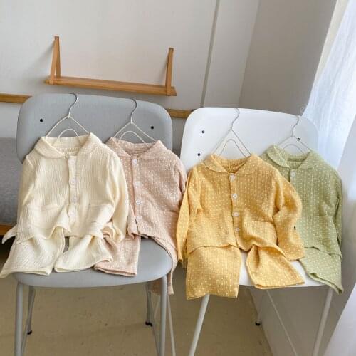 New Boys Girls Long Sleeve Pajamas Set Collared Polka Dot Autumn Cute Toddler Pajama Kids Soft Sleepwear Children Clothes Pjs