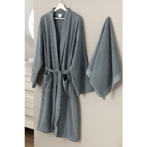 Plain Cotton 2'li Bathrobe Set S-M Indigo