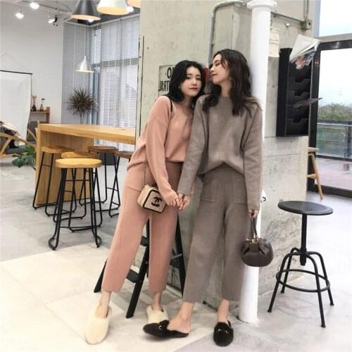 Autumn Spring Wool Knitted Tracksuit O-neck Sweatshirt Women Suit Clothing 2 Piece Set Knit Pant Female Pants Suit Sweater f1382