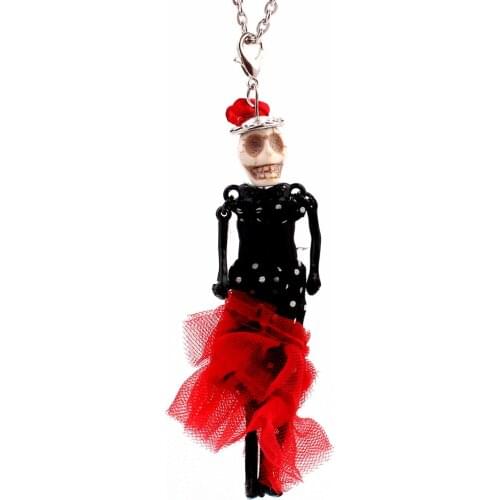 Fashion PARIS Handmade Dance Doll Pendants Necklace Skull Head Long Bride red skirt Dress Womens Gift New Sweater chain necklace
