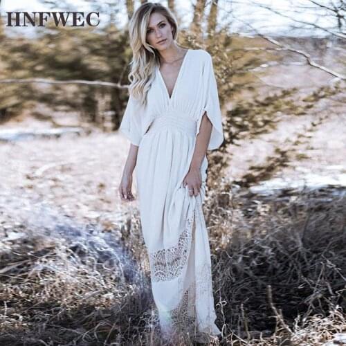 Europe Long Dress Women V-neck Pluz Sized Soldi Color Cotton Ladies Dress Summer New 2020 Lace Beach Sunscreen U802