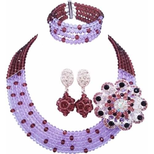 Amazing! Dark Purple Lilac Crystal Beaded Nigerian Wedding African Beads Jewelry Set for Women Girls 5L-ZJ013