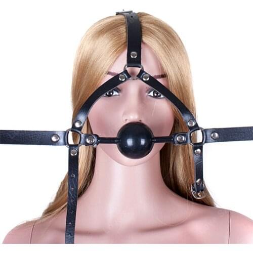 Open Mouth Gag Restraint Solid Black Silicone Ball PU Leather Head Harness Adult Fetish Products Sex Games Toys for Women Men