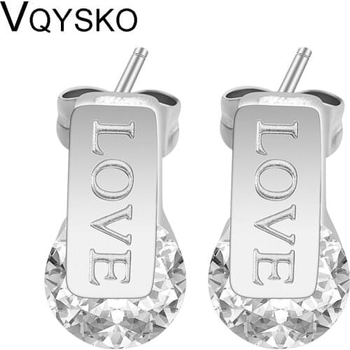 Fashion Stainless Steel Stud Earrings Womens Rose Gold Earrings with Cubic Zirconia Stones Love Stamped