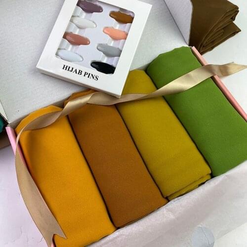 Heavy Chiffon Scarf with Box Womens Plain Hijab Wrap Solid Color Shawls Headband Muslim Hijab 4pcs/box