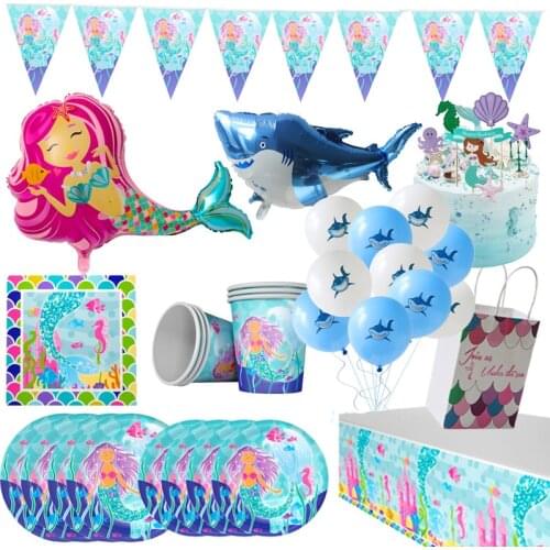 Party Decoration Little Mermaid Party Under The Sea Kids Birthday Ocean Shark Balloon Plate Cup Straw Baby Shower Party Supplies