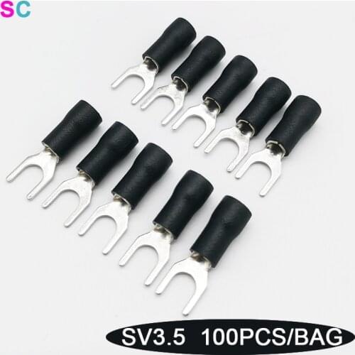 SV3.5 Type Black Fork Pressed Terminal 100PCS/PACK Electrical Wire Furcate Crimp Connector AWG14-12 Cable Spade Insulated Joint