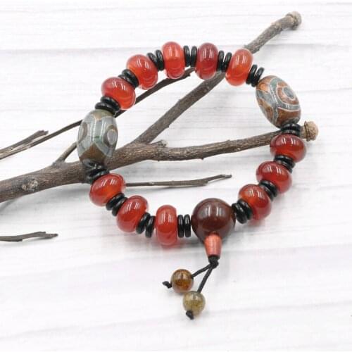 Vintage Beads Bracelet Natural Tibet Dzi Agates Stone Strand Bangle Bracelets Tassel Wristband Prayer Buddha Jewelry 19cm B333