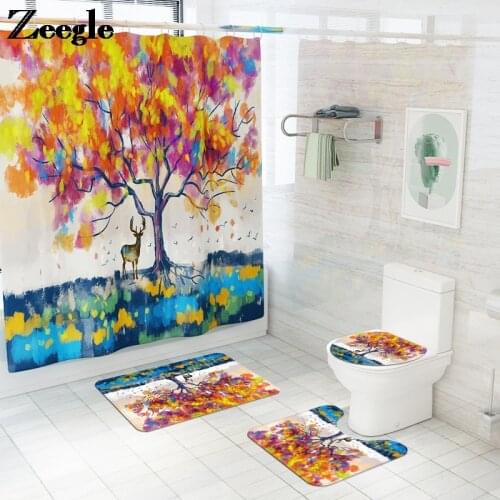 Zeegle Waterproof Shower Curtain and Flannel Bath Mat Set Memory Foam Toilet Seat Cover Mat Big Tree Print Bathroom Carpet Rug