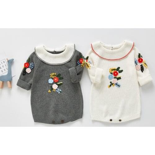 Baby Girls Long Sleeve Round Neck Flowers Knitted Casual Fashion Cotton Autumn/Winter Rompers Colorful Fresh Flowers Rompers