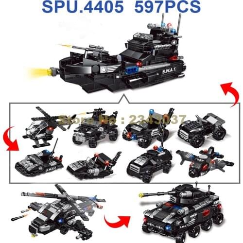 Zb784 597pcs 8in1 Police Swat Warship Army Battleship Tank Boat Helicopter 8 Dolls Building Blocks Toy