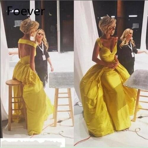 Yellow Evening Gowns Deep V Neck Pleats Backless Satin Mermaid Floor Length Evening Dresses Vestidos de Festa