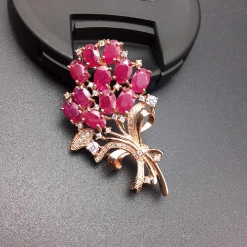 Natural red ruby stone brooch S925 silver Natural gemstone brooch Pendant trendy Elegant flowers women two wears party jewelry