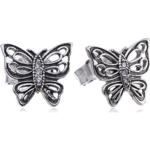 Genuine 925 Sterling Silver Charm Stud Earrings Hollow Out Butterfly Diy Stud Earrings For Women Jewelry Wedding Gift