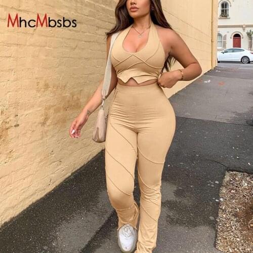 Striped Casual Outfits Women Two Piece Set Halter Cut Out Backless Crop Tops And Skinny Pants Suit Female Spring Streetwear Sets