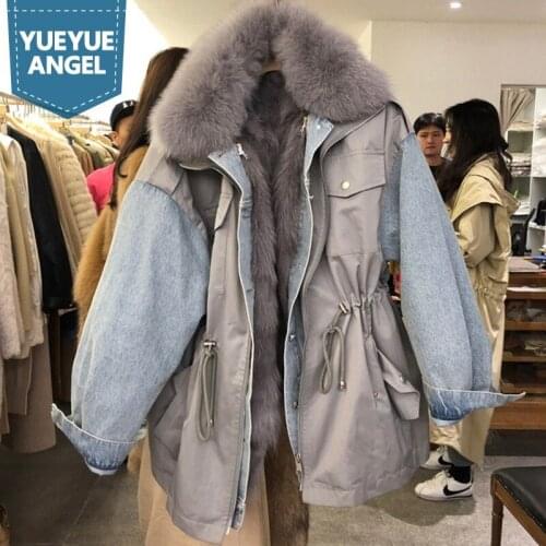Winter Warm Parkas Women Fashion Patchwork Denim Jacket Rabbit Fur Lining Overcoats Casual Thick Loose Windbreakers Cargo Coat