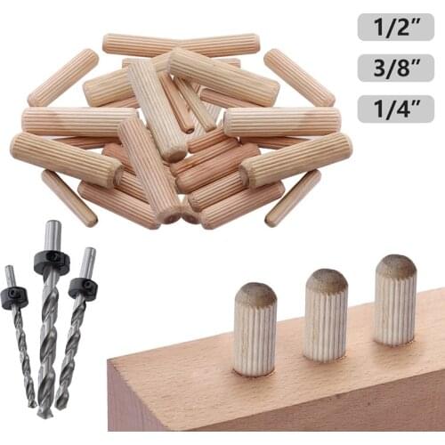 100 PCS 1/4" 3/8" 1/2" Wooden Dowel Pins Dried Fluted Woodworking Punching Furniture Connectors With HSS Wood Drill Bit TSLM1