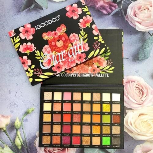 40 Colors Flower Bear Pattern Shimmer Matte Sequins Large Plate Multicolor Eye Shadow Plate Makeup Easy to Wear Natural