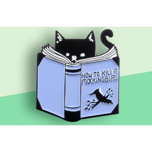 Cute Black Cat Reading Book Brooch HOW TO KILL A MDCKING BIRD purple book Enamel Pin Badge Backpack Lapel Pins for Friends Gift