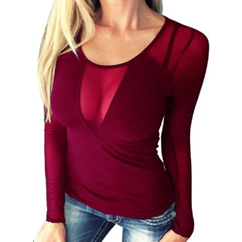 Women Sexy Mesh Sheer Shirt Translucent Patchwork Tight Lightweight Tops Girl Clubwear Party See-Through Long Sleeve Pullover