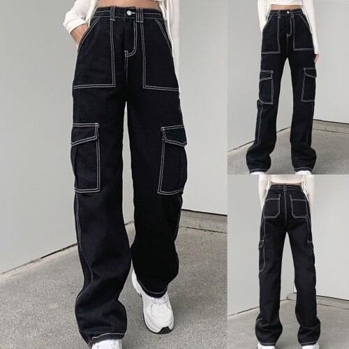 Pockets Mid Waisted Jeans Women Streetwear Straight Jean Femme Solid Color Cotton Wide Leg Pants Casual Baggy Trousers Clothes