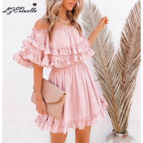 LZEQuella Elegant Pink Dot Party Dresses Women Slash Neck Ruffled Short Sleeve Ladies Mini Day Dress Female Clothing NZ3585
