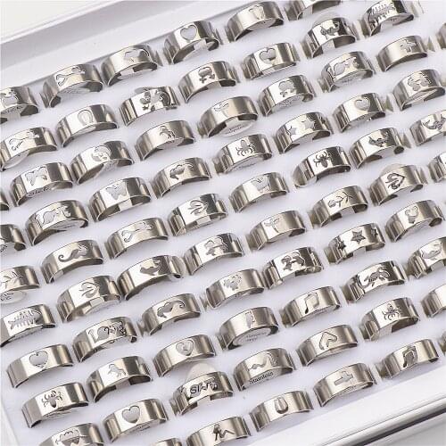 20pcs/lot Simple Stainless Steel Silver Color Hollow Rings For Women Men Fashion Party Gifts Jewelry Mix Style Wholesale