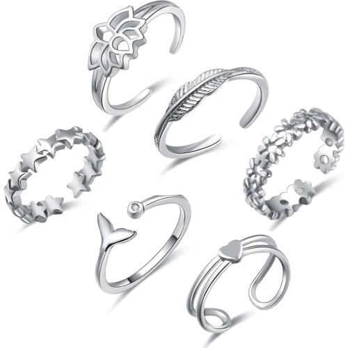 Beach Vacation Knuckle Foot Ring Open Toe Rings Set for Women Girls Finger Heart Tail Ring Adjustable
