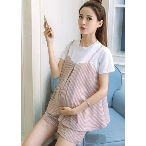 2PC Sets Maternity Tops Abdominal Shorts For Pregnant Women Clothes Casual Striped Pregnancy Clothing Summer Suits Clothing