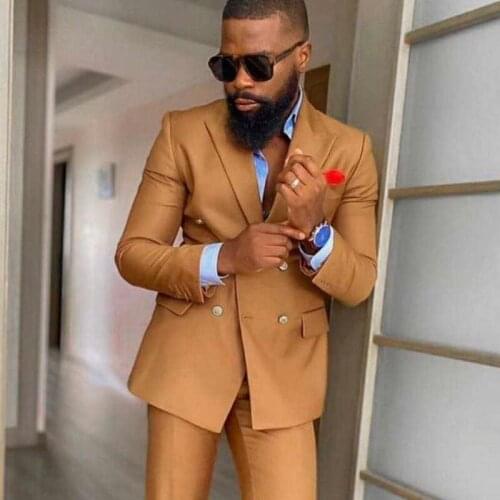 Brown Double Breasted Wedding Men Suits Slim Fit with Peaked Lapel African Groom Tuxedo for Dinner Party 2 Pcs Fashion Jacket