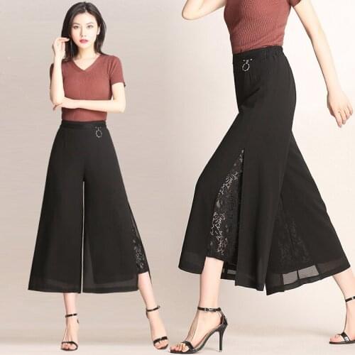 Summer Fashion Chiffon Stitching Lace Wide Leg Pants Plus size 4XL High Waist Women Pants Elegant Ladies Flare Dance Pants W838