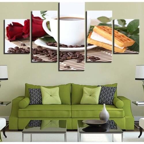 Embelish 5 Pieces Coffee Cup Bread And Rose Flowers Wall Modular Posters For Kitchen Decor HD Canvas Painting Home Decor Picture