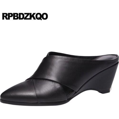 Summer Wedge Mules Shoes Fashion Pumps Luxury Women Designer Closed Toe Slides Genuine Leather Black Pointed Sandals Slip On
