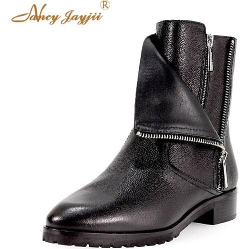 Women Adult Boots Solid Ankle zipper Pointed Toe Buckle Spring/Autumn Square heels Sexy Mature Concise Nancyjayjii 2019