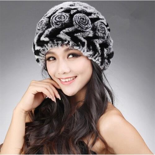 Autumn Winter Womens Genuine Natural Knitted Rabbit Fur Hats Lady Warm Caps Female Ear Protector VF0614
