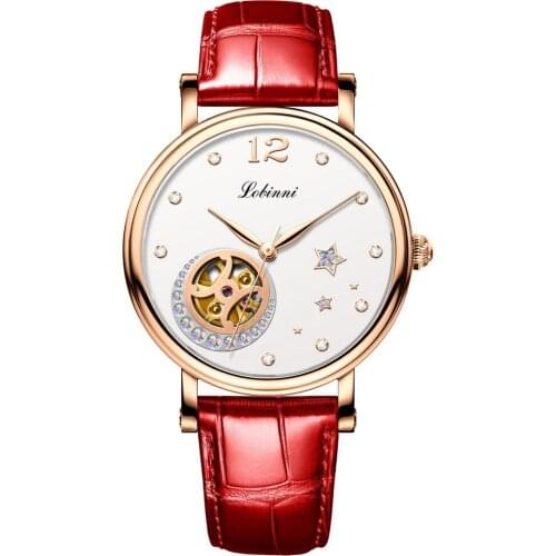 LOBINNI Luxury Womens Watches Lady Automatic Watch Waterproof Skeleton Mechanical Wristwatch Sapphire Austria Crystal Star Dial