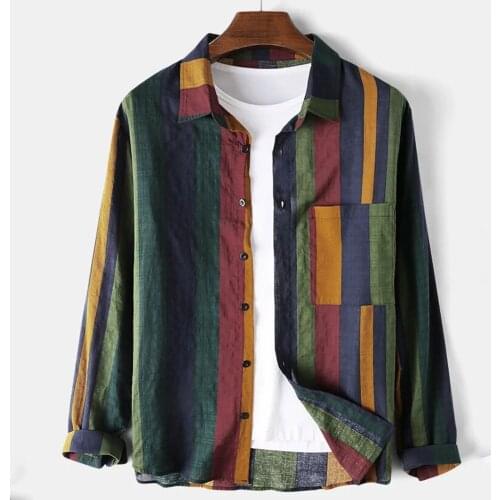 2021 Cotton Linen Shirts Breathable Casual Hip Hop Stripe Men Vintage Stripe Shirt Men Long Sleeve Shirts