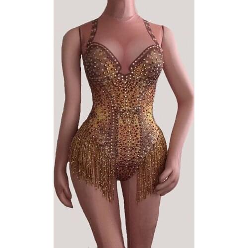 Sexy Gold Tassels Crystals Sleeveless Bodysuit Rhinestones Catsuits Nightclub Bar Women DJ Singer Dance Teams Jazz Stage Costume