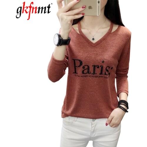 Fashion V Neck Tshirt Women T Shirt 2018 Korean Style Letter Diamonds Women Tops Long Sleeve Slim Basic Ropa Mujer Chic Clothes