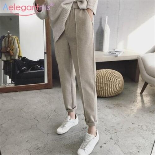 Aelegantmis Korean Casual Loose Woolen Elastic High Waist Pants Women Winter Warm Office Lady Straight Trousers Autumn Plus Size