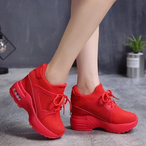 Womens Wedge High Hidden Heels Sneakers Lace Up Mesh Breathable Athletic Casual Fashion Shoes Summer Black Red C676