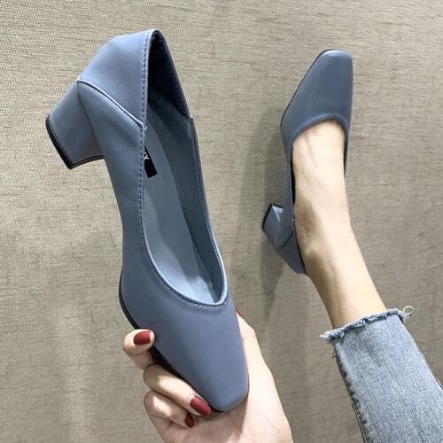 2021 Autumn Two-wear Single Shoes Mid-heel Thick Heel High Heels Square Toe All-match Shallow Mouth Working Womens Single Shoes