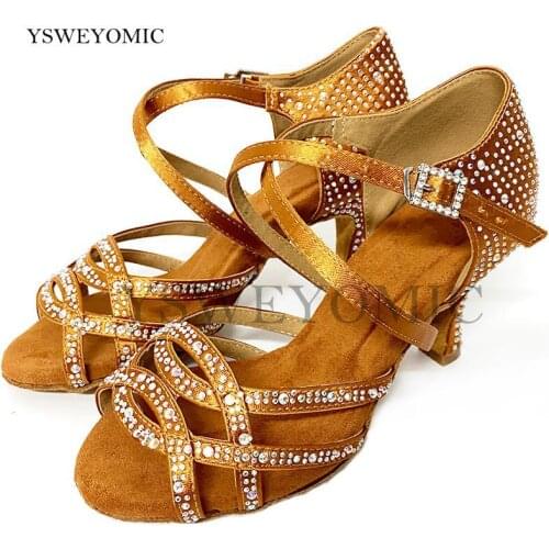 Indoor Dancing Shoes Bronze Red Blue Black Customized Colors Rhinestones Bachata Salsa Cha cha Latin Women Dance Shoes For Girls