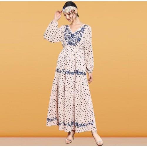 Fashion Pink Polka Dot Printing Embroidery Long Spring And Autumn Dress Womens Dress Muslim Long Skirt Abaya Dubai 2021