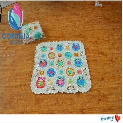 2016 new fashion crochet baby blanket with flowers and owl cushion baptism shawls baby cover with lave doilies coster