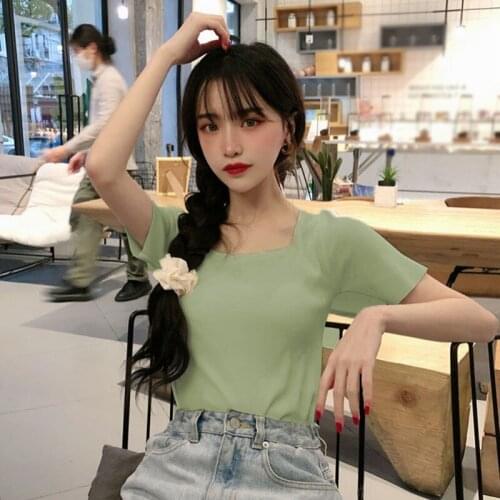 2020 Summer Women Trendy Sexy Tshirt Casual Style Solid Color Knitted Short Sleeve T-Shirt Female top