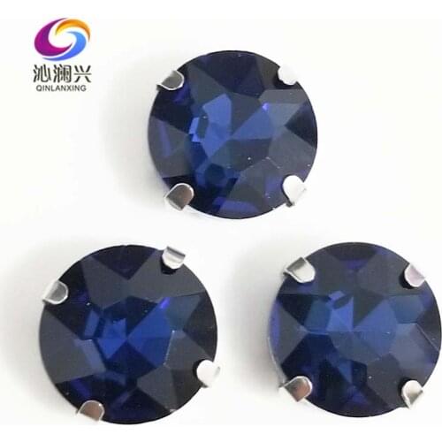 Free shipping Ink blue round shape good quality Glass Crystal sew on claw rhinestones with ,Diy Clothing accessories SWB14