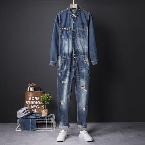 Spring Autumn Mens Long Sleeve Casual Denim Full Length Overalls Holes Trousers Blue F31
