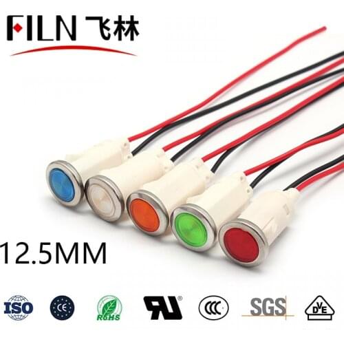 FILN YueQing Plastic buckle push snap in 12.5mm 12v 24v 48v 110v led indicator light signal lamp with wire
