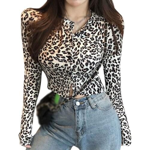 Leopard Print T-shirt For Women Spring Autumn Sexy Slim Crop Tops Long Sleeve Top Women Streetwear T Shirt Y2k Tops